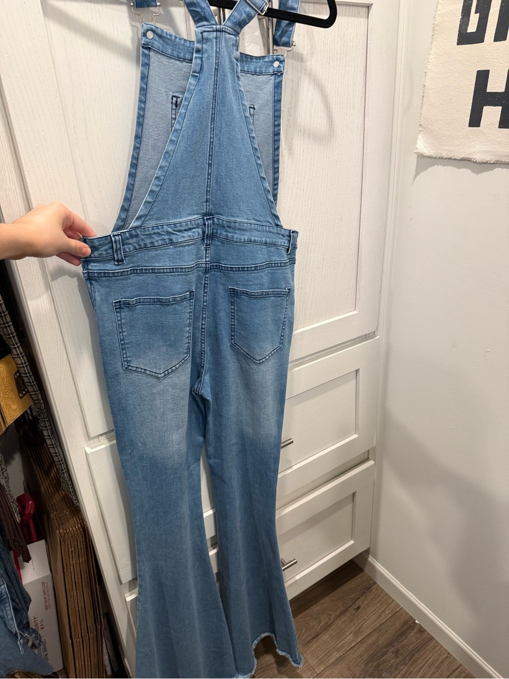 Light Wash Denim Flare Overalls - Classic Pocket Front - Picture 7 of 7